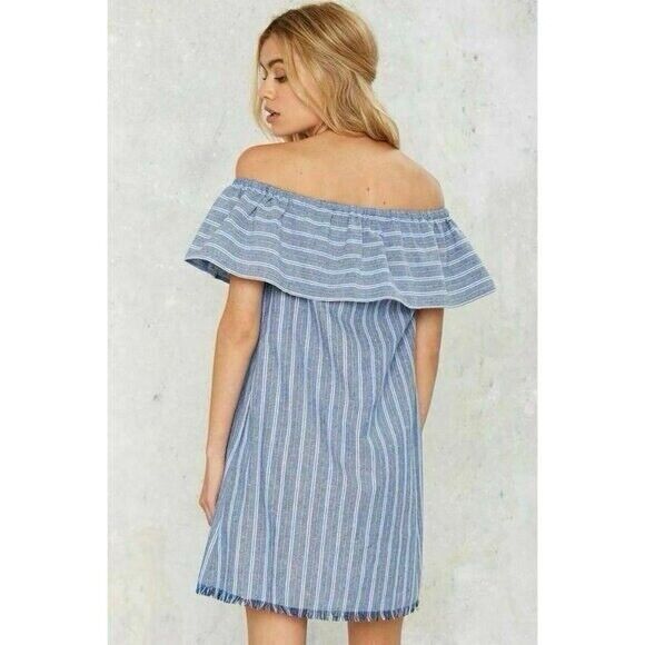 Love Riche | Off Shoulder Mini A-Line Dress Striped Linen‎ Cotton Blue | Medium - Picture 3 of 12